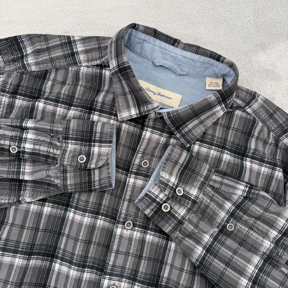 Tommy Bahama Mens Plaid Long Sleeve Button Up Shirt Grey White Black Cotton XL‎